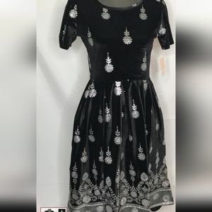 LuLa Roe Elegant Amelia Dress Black Velvet with Silver artful design